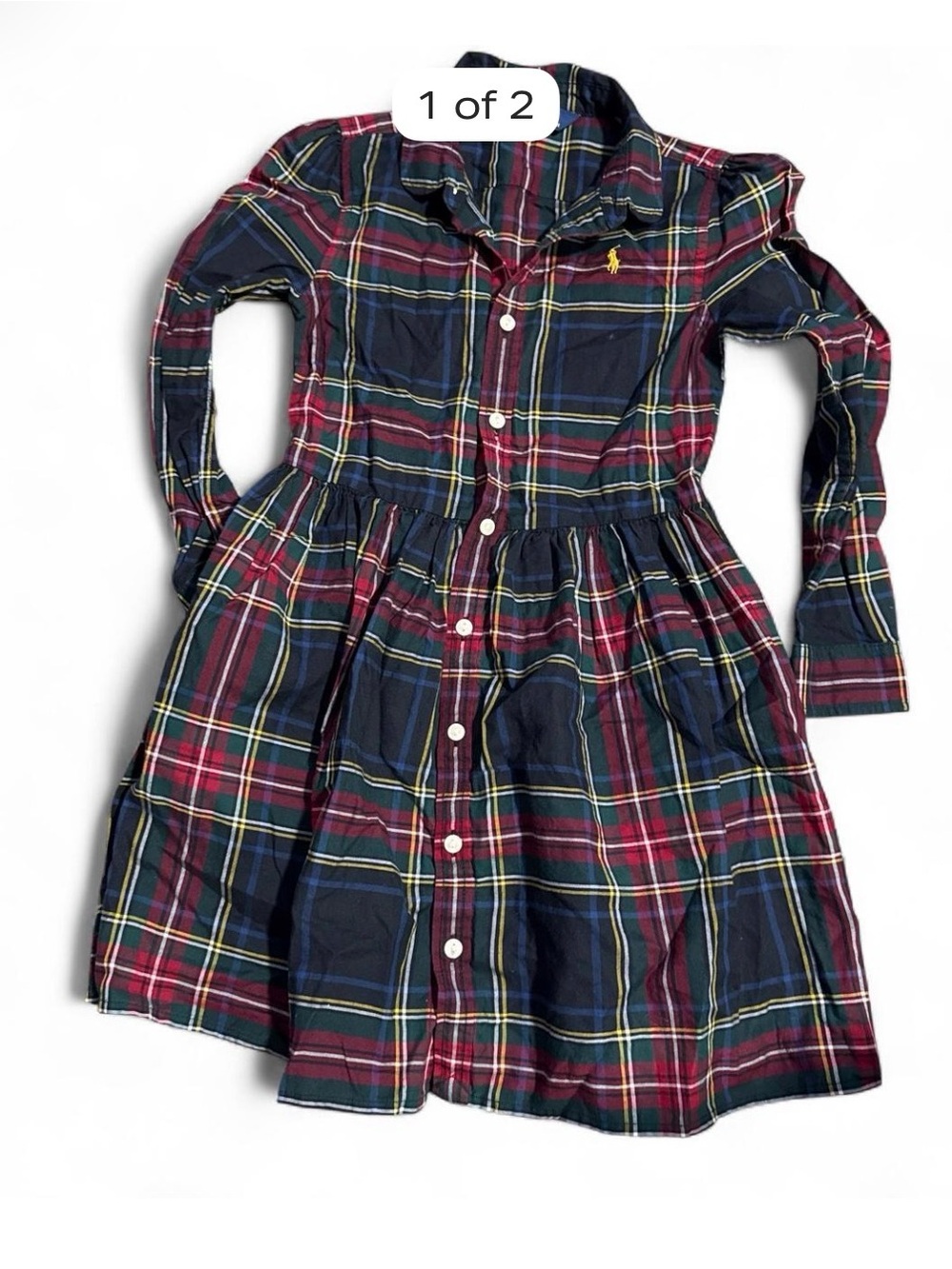 Ralph Lauren Plaid Button-Down Cotton Dress in Navy, Red & Green